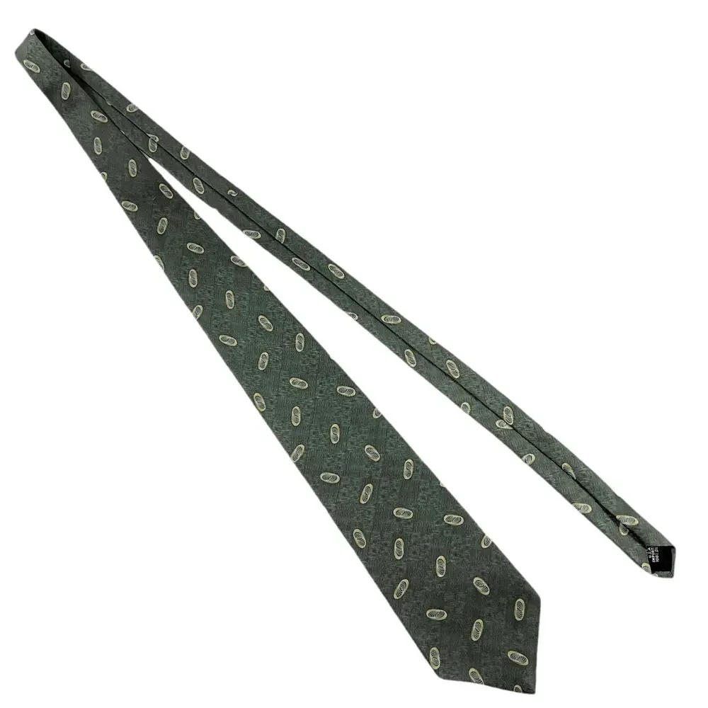 Van Heusen Green Silk Necktie Cream Geometric Accents Men’s 59